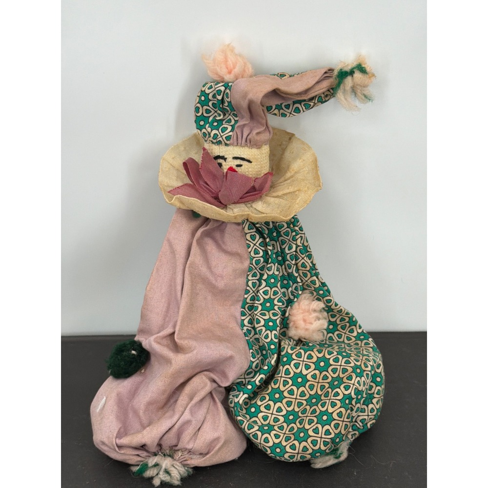 Vintage Handmade Fabric Clown Doll Harlequin Jester Green Mauve Folk Art 12"
